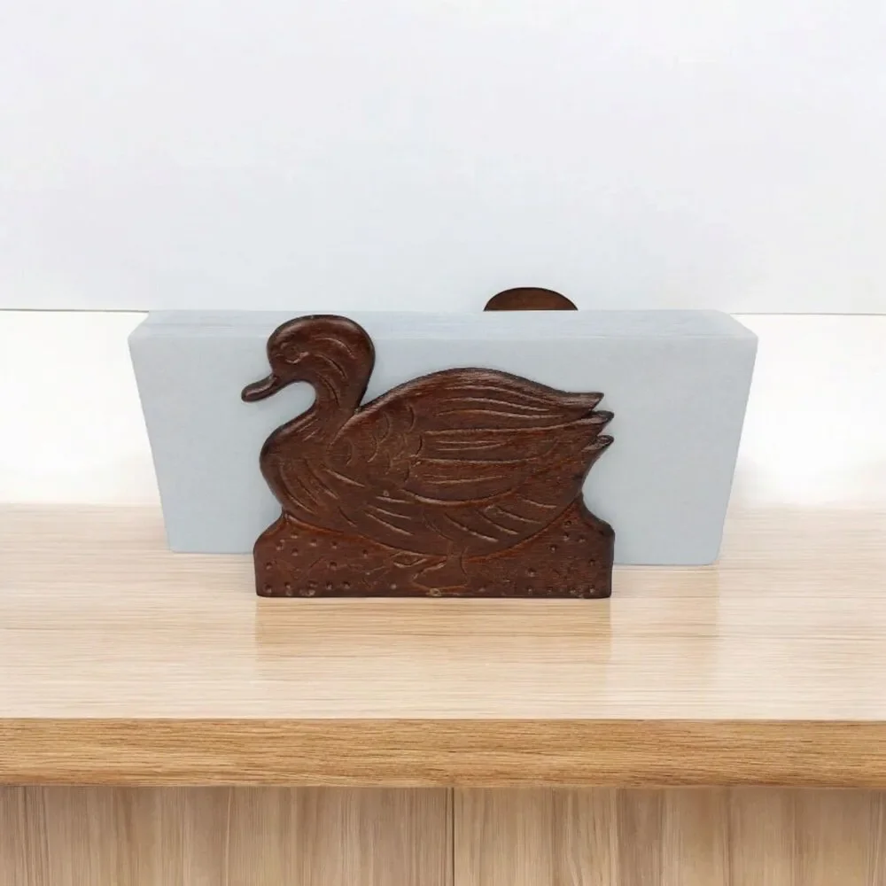 Vintage Wooden Duck Mallard Napkin Mail Holder Carved Office MCM